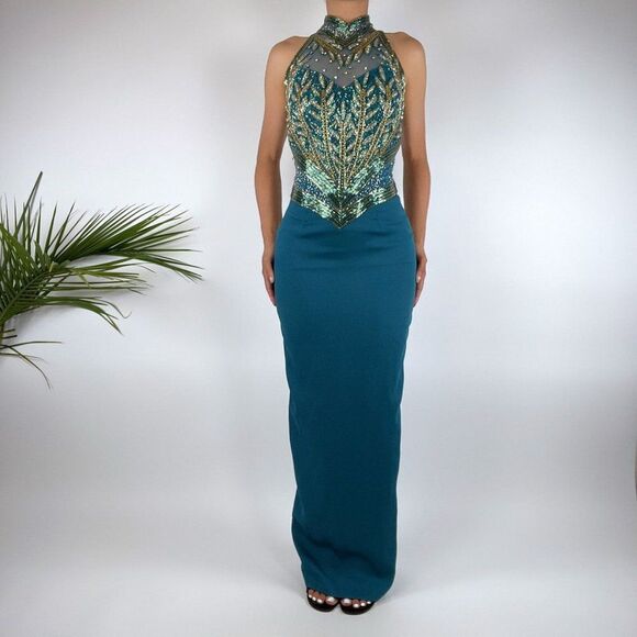 Vintage 90s Turquoise & Gold Beaded Open Back Elegant Prom Pageant Dress / Sz: 4 - Picture 3 of 5